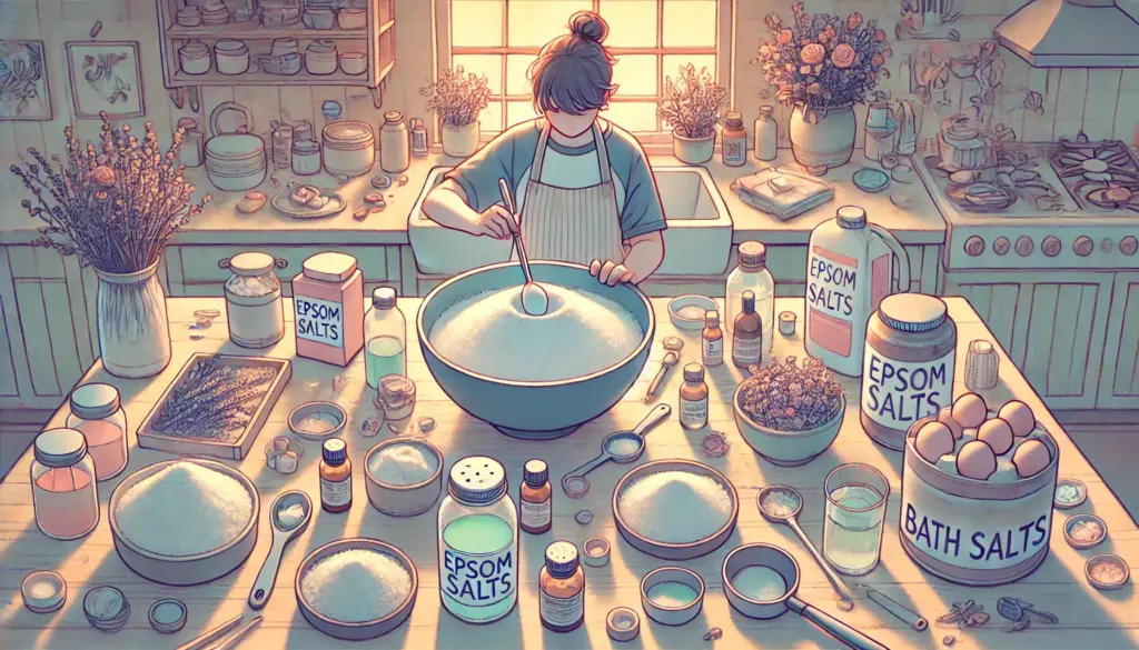自宅でバスソルトを手作りしている人のイラスト。机の上にはエプソムソルトと瓶詰めの材料が並ぶ