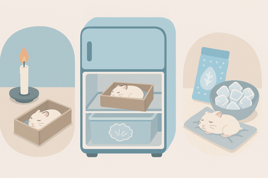 ハムスターの遺体を冷暗所・冷蔵庫・保冷剤を使って保管する様子を描いたやさしいイラスト。横長構図で清潔で静かな印象。