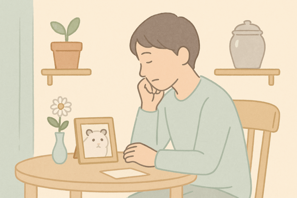 ハムスターの写真を前に、プランター葬と火葬のどちらにするか考えている飼い主のやさしいイラスト。テーブルに花と写真立て、背景に鉢植えと骨壷があり、落ち着いたパステル調で描かれている。