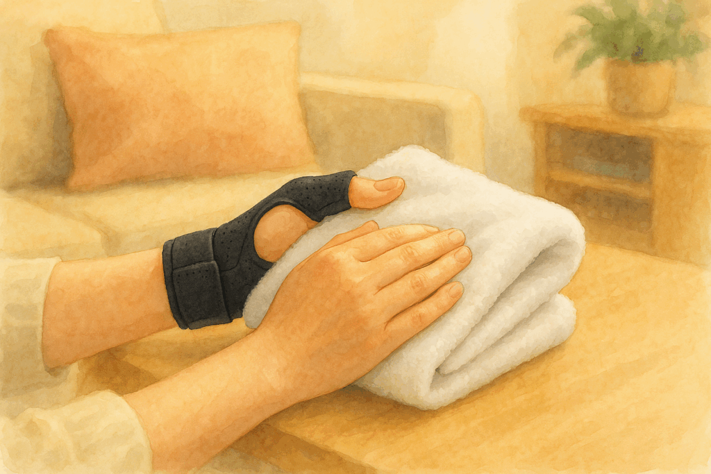 親指の付け根の痛みをやわらげる温タオルケア