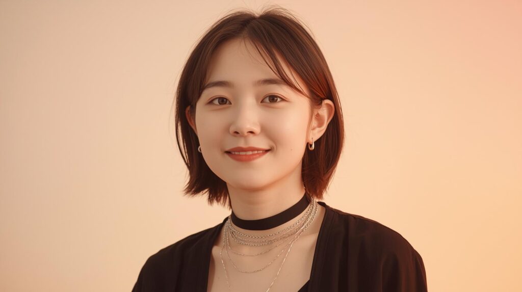 親しみやすく優しい笑顔のメタル女子。黒チョーカーと細いチェーンネックレスを軽く取り入れた、控えめメタルファッションの日本人女性。