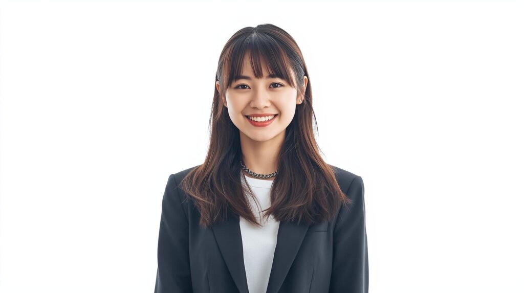 ビジネススタイルにチェーンネックレスを合わせた20代女性のメタル系ファッション