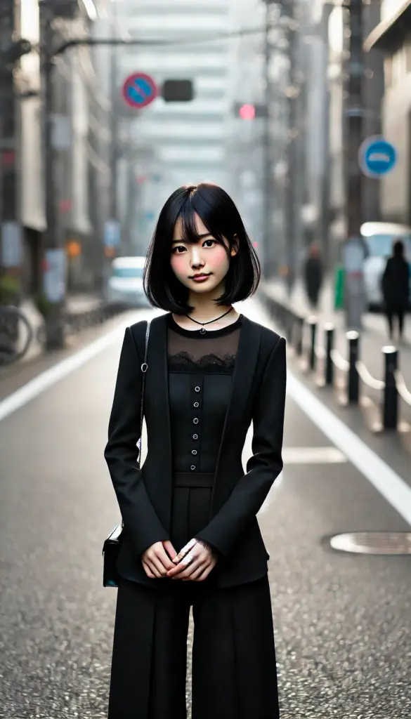 黒い服でクールに見られがちな女性が、実際は優しい性格で誤解されやすい様子を表すイメージ。メタル系ファッションでも柔らかい印象の女性像。
