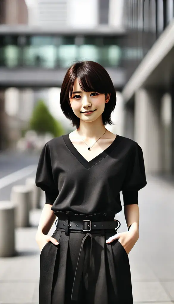 黒い服を着た女性が、柔らかい笑顔で立っている写真。クールな外見とは違い、メタル女子の内面が優しく親しみやすいことを示すイメージ。
