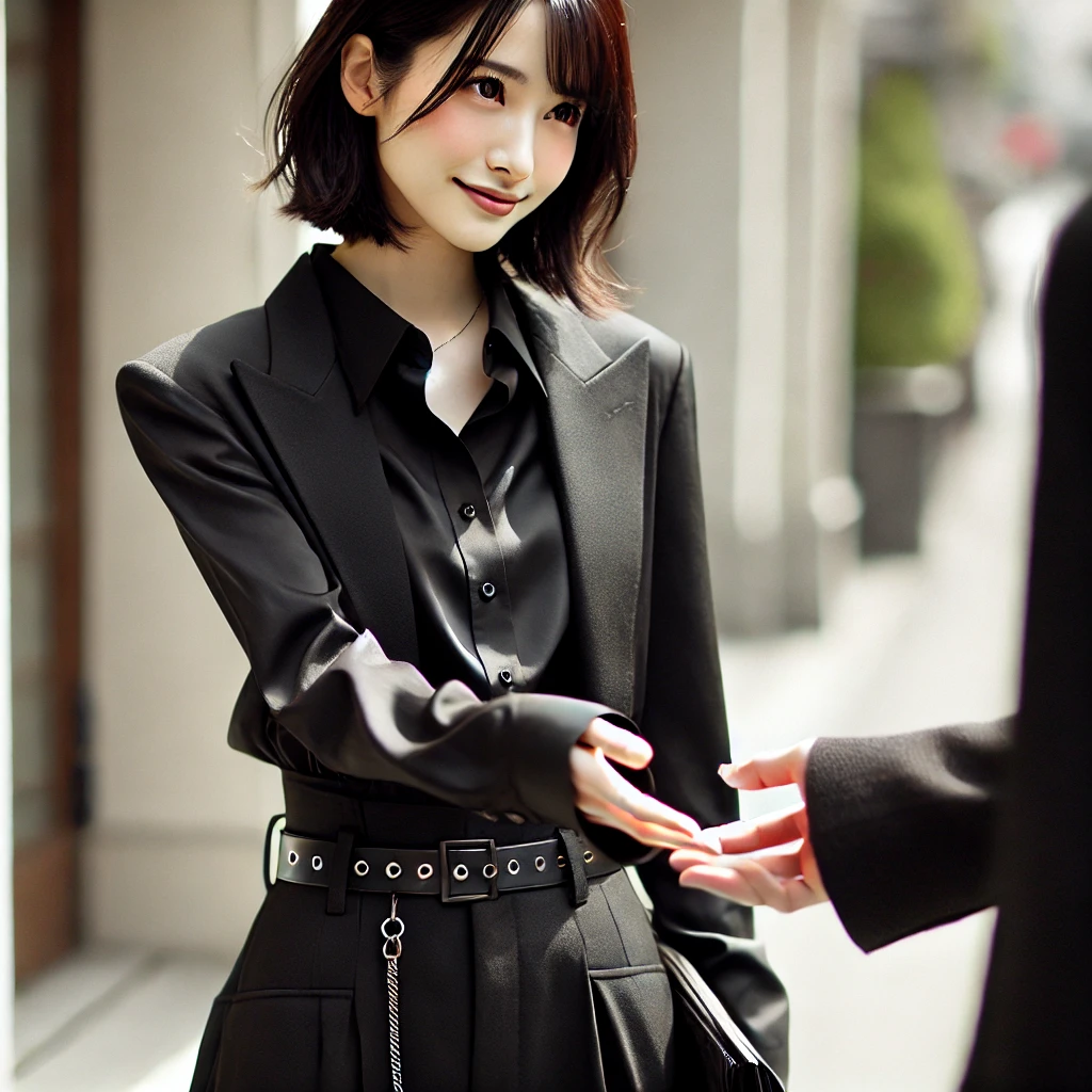 黒い服の女性が柔らかい笑顔で手を差し出す様子を写した写真。クールな外見とは違い、人と関わると優しさが伝わるメタル女子の魅力を表現している。
